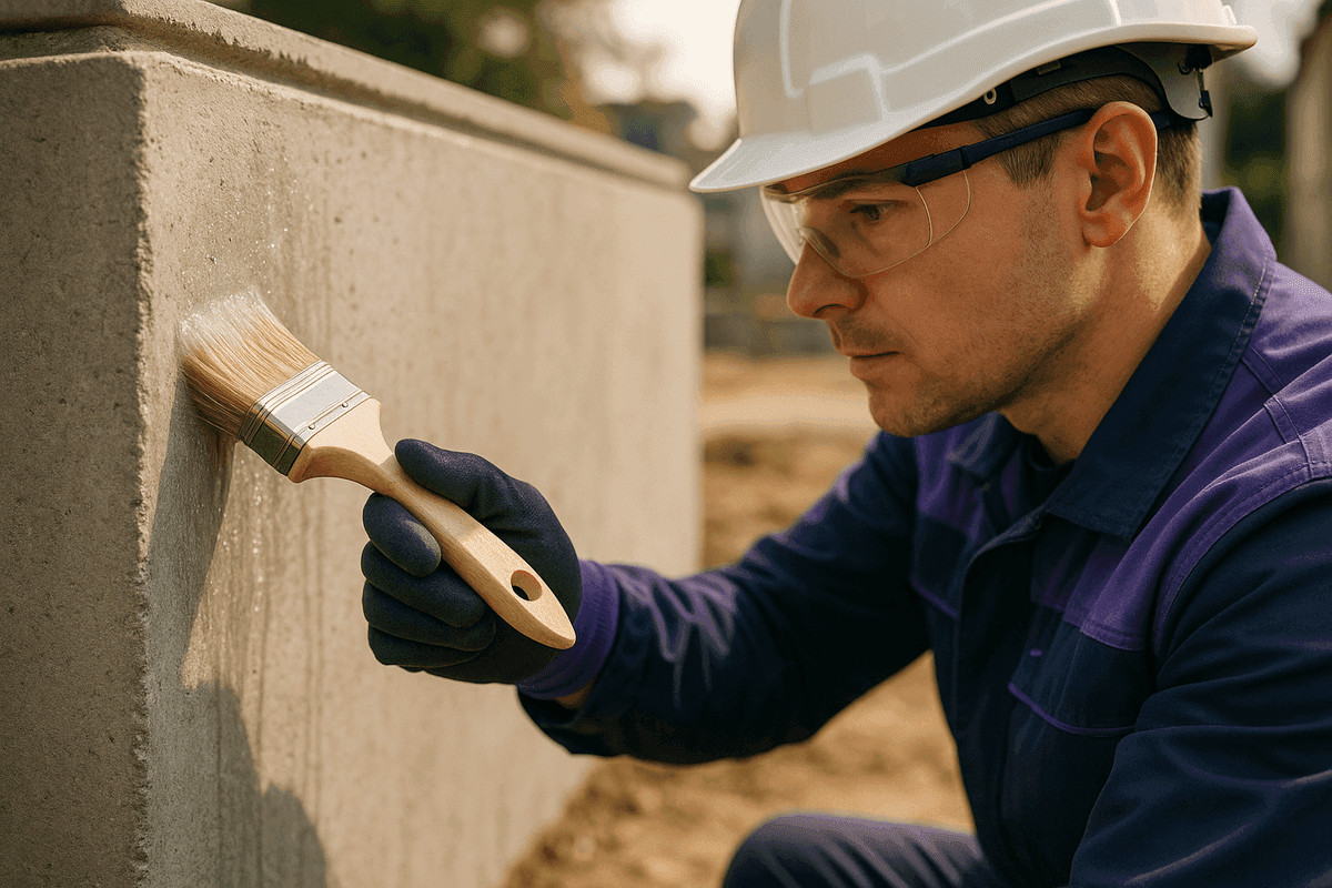 Close-up of gloved hands brushing clear waterproof sealant on concrete foundation wall
