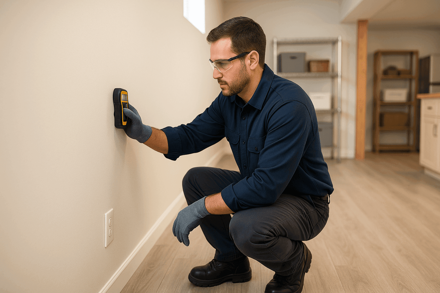 Técnico inspeccionando una pared de sótano seca y terminada en busca de signos de daño por agua