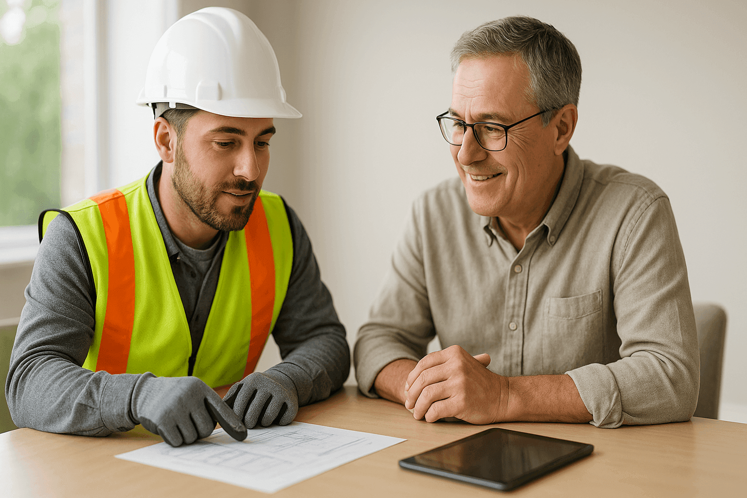 Contractor reviewing waterproofing project estimate with property owner